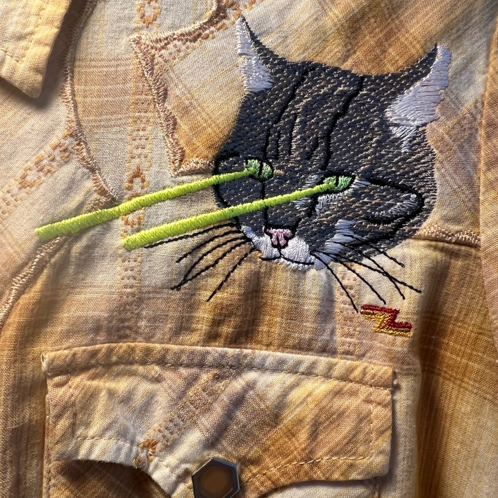 Laser Cat Embroidered Western Shirt - Yellow, Tan, and Cream